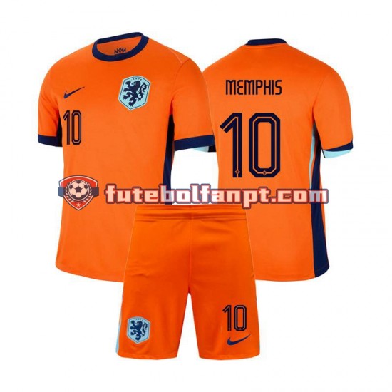 Camisola Principal Seleção Neerlandesa Memphis Depay 10 Euro 2024 Manga Curta ,Criança