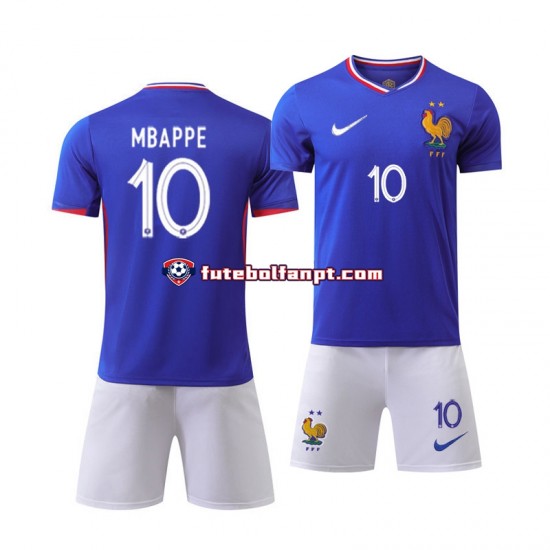 Camisola Principal Seleção Francesa Azul Kylian Mbappe 10 Euro 2024 Manga Curta ,Criança