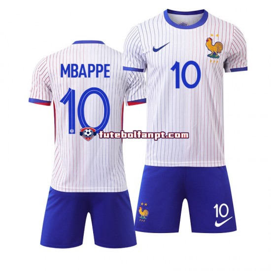 Camisola Alternativo Seleção Francesa Branco Kylian Mbappe 10 Euro 2024 Manga Curta ,Criança