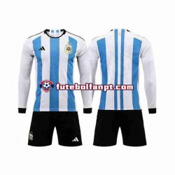 Camisola Principal Seleção Argentina 3 Stars World Cup 2022 Manga Comprida ,Criança
