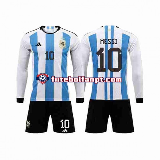 Camisola Principal Seleção Argentina 3 Stars Lionel Messi 10 World Cup 2022 Manga Comprida ,Criança