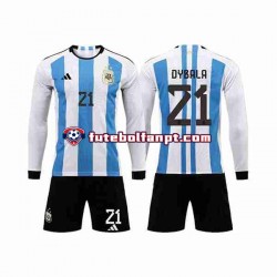 Camisola Principal Seleção Argentina 3 Stars Paulo Dybala 21 World Cup 2022 Manga Comprida ,Criança