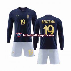 Camisola Principal Seleção Francesa Benzema 19 World Cup 2022 Manga Comprida ,Criança