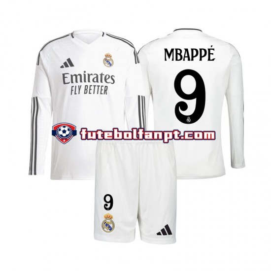 Camisola Principal Real Madrid Kylian Mbappe 9 Época 2024/2025 Manga Comprida ,Criança